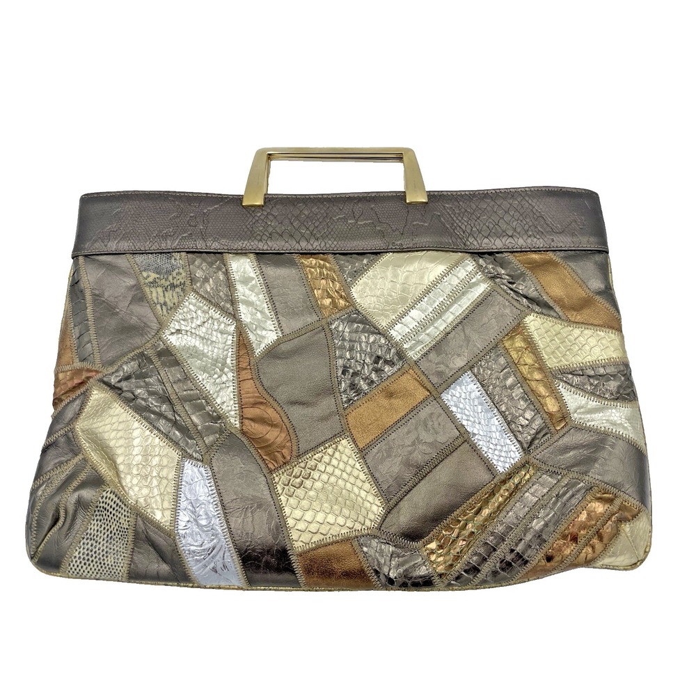 Vtg Bags by Varon Hand Bag Multicolor Metallic Patchwork Snake Skin Clutch Purse
